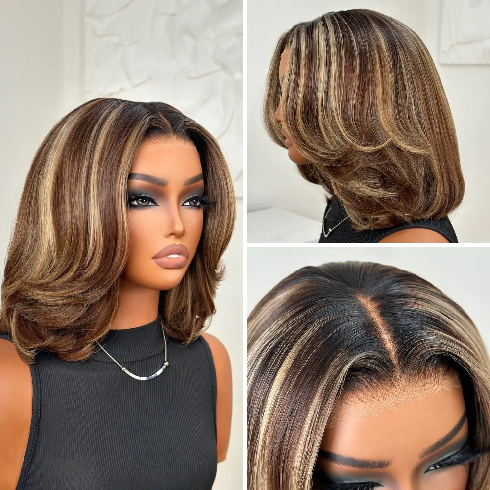 Blonde Highlight Short Layered Bob 7x5 Lace Human Hair Wig