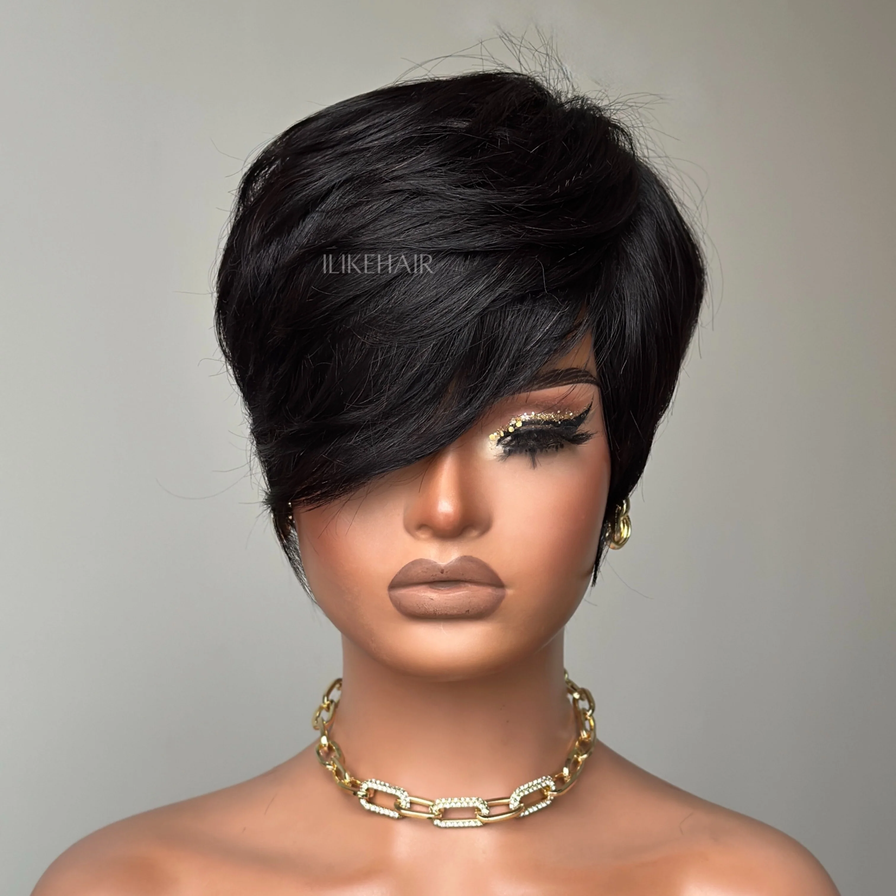 Short Pixie Cut With Long Bangs Glueless Human Hair Wig