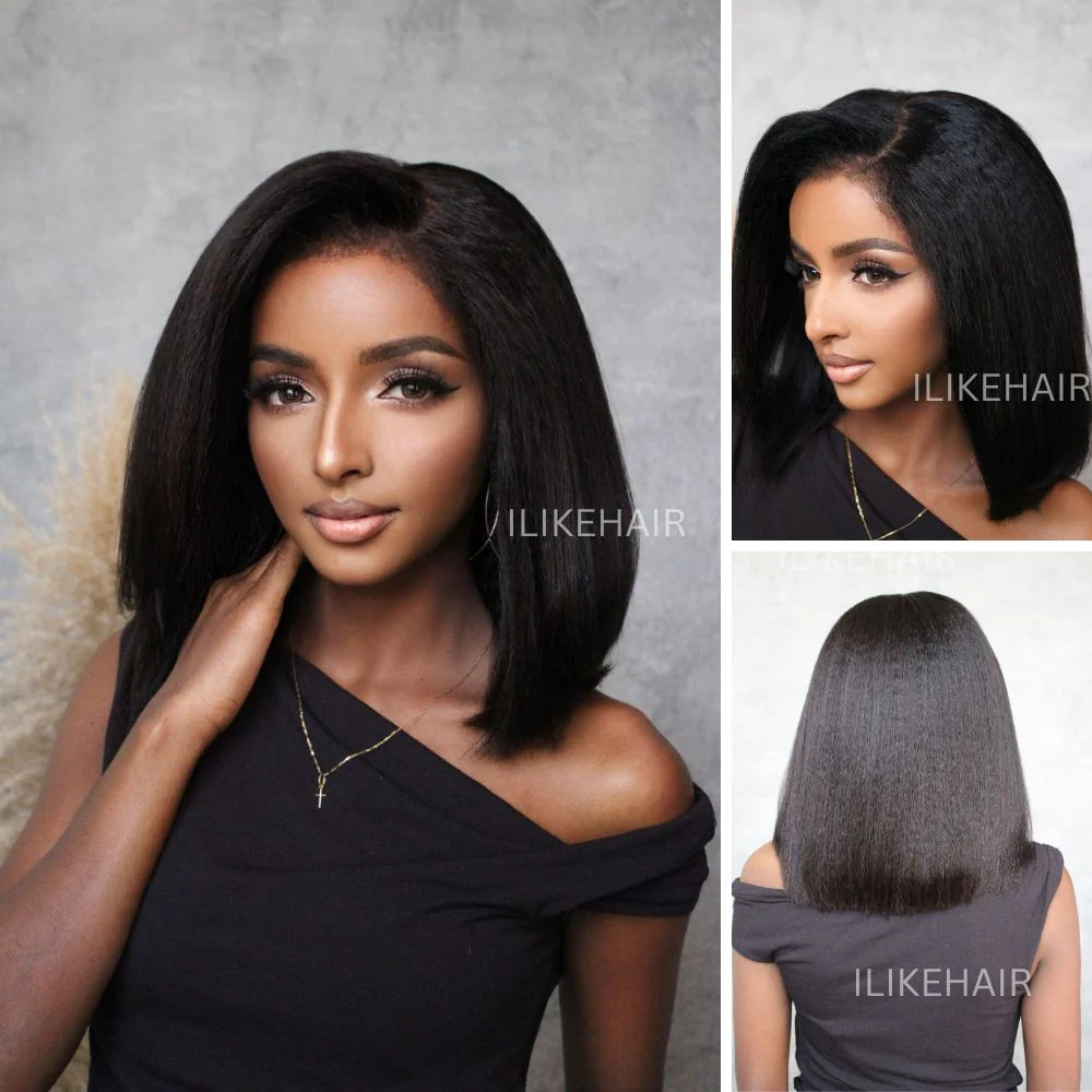 Put on & Go 5x5 Kinky Straight 4C Kinky Edges Pre Cut HD Lace Short Bob Wig