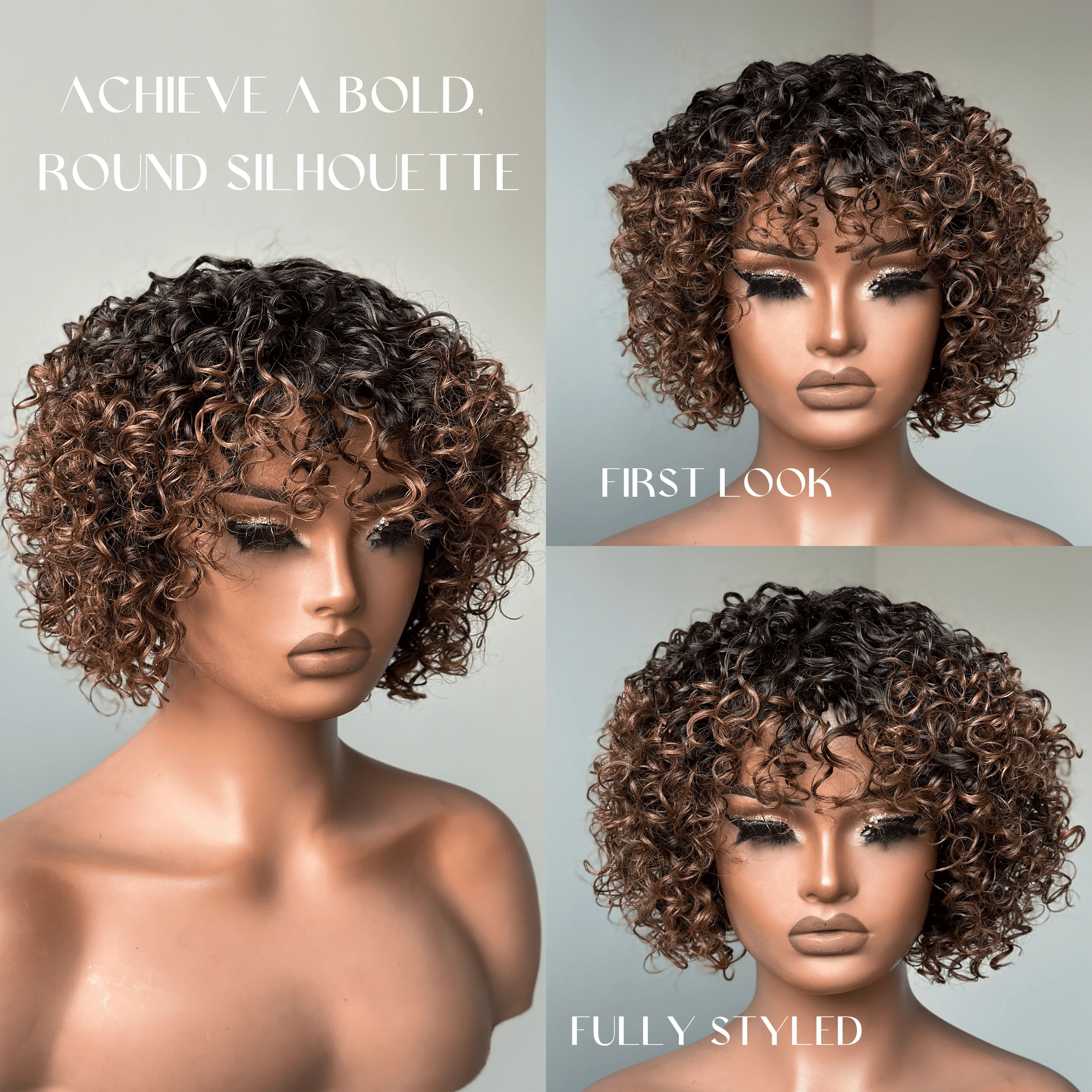 Chic Ombre Mix Color Short Cut Curly Put On & Go Wig 100% Human Hair
