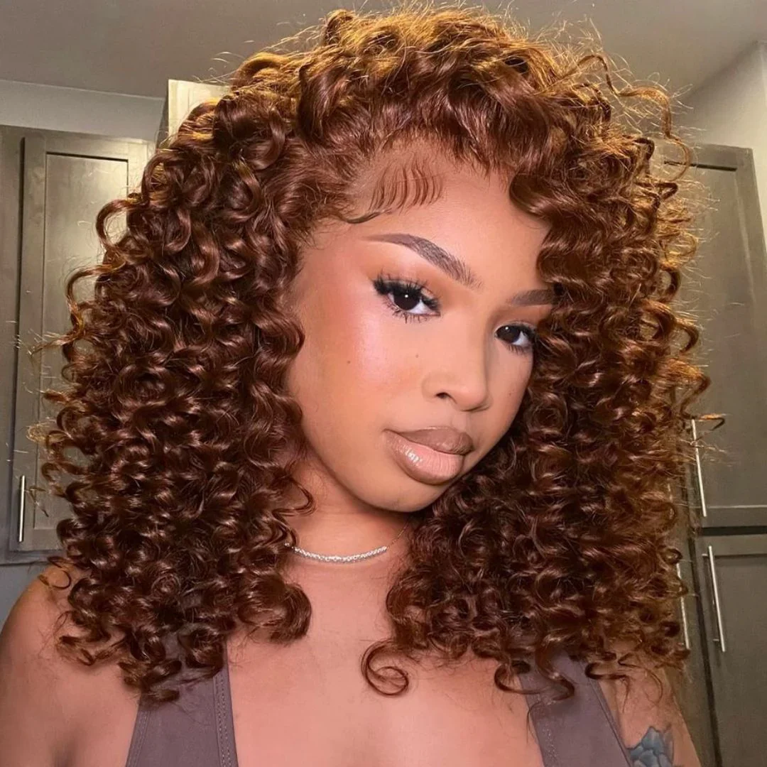Put On ��� Go Chocolate Reddish Brown Glueless Bouncy Curly 13x4 Lace Front Wig