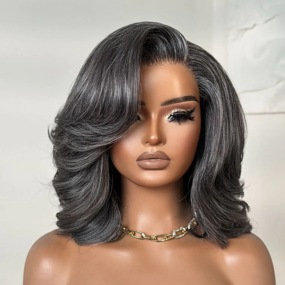 Vintage Salt and Pepper Grey Volume Layered Body Wave Side Part Wig