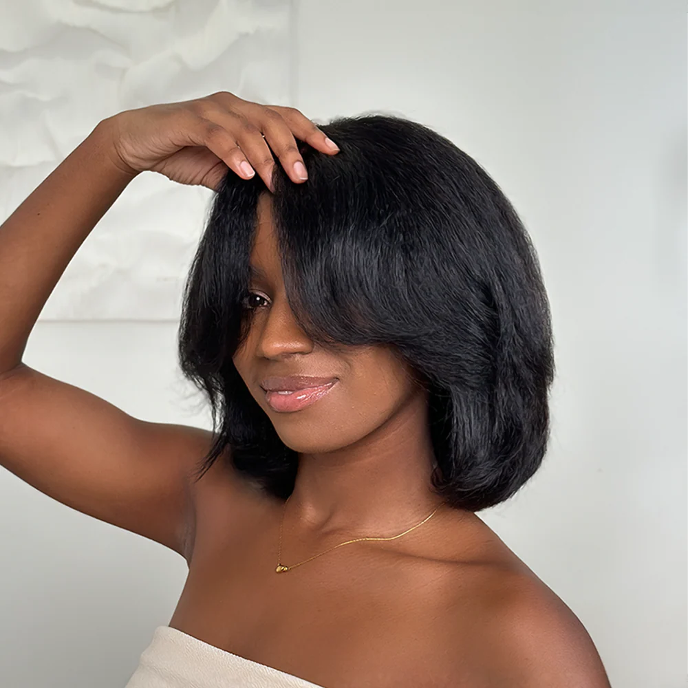 Natural Kinky Straight Layered Blowout Bob Lace Wig