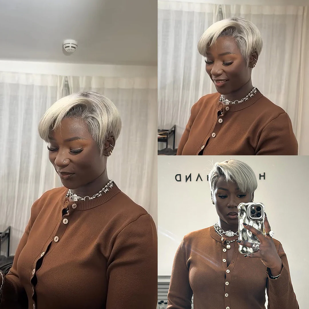 Ash Grey With Dark Root Short Pixie Cut 13x4 Lace Front Wig