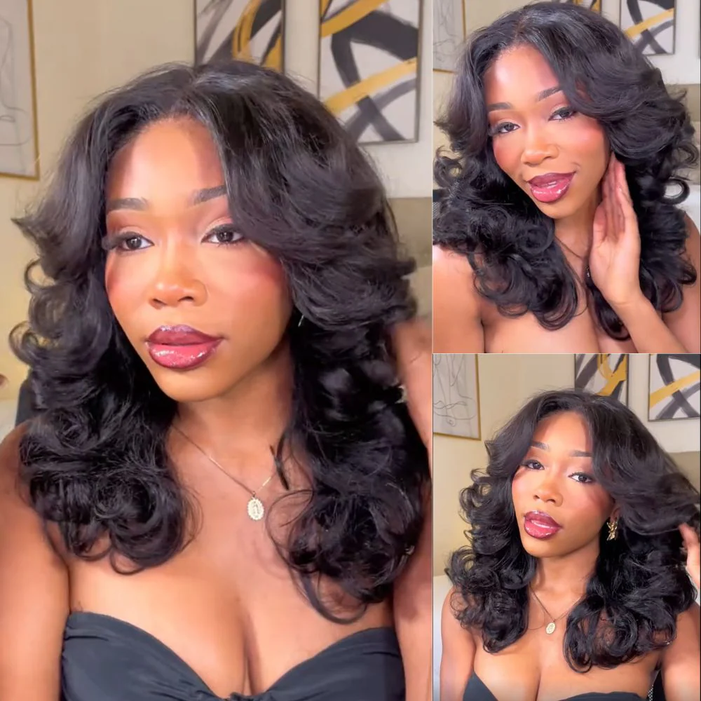 Glueless Layered Wavy Pre-cut With Curtain Bangs Lace Closure Wig