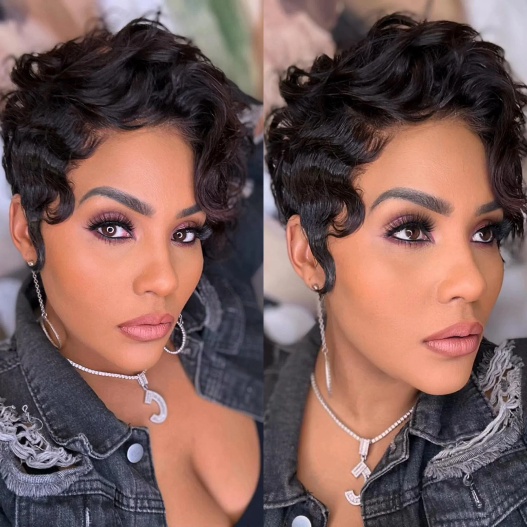 Side Bang Wave Curls Full Lace Short Pixie Cut Wig