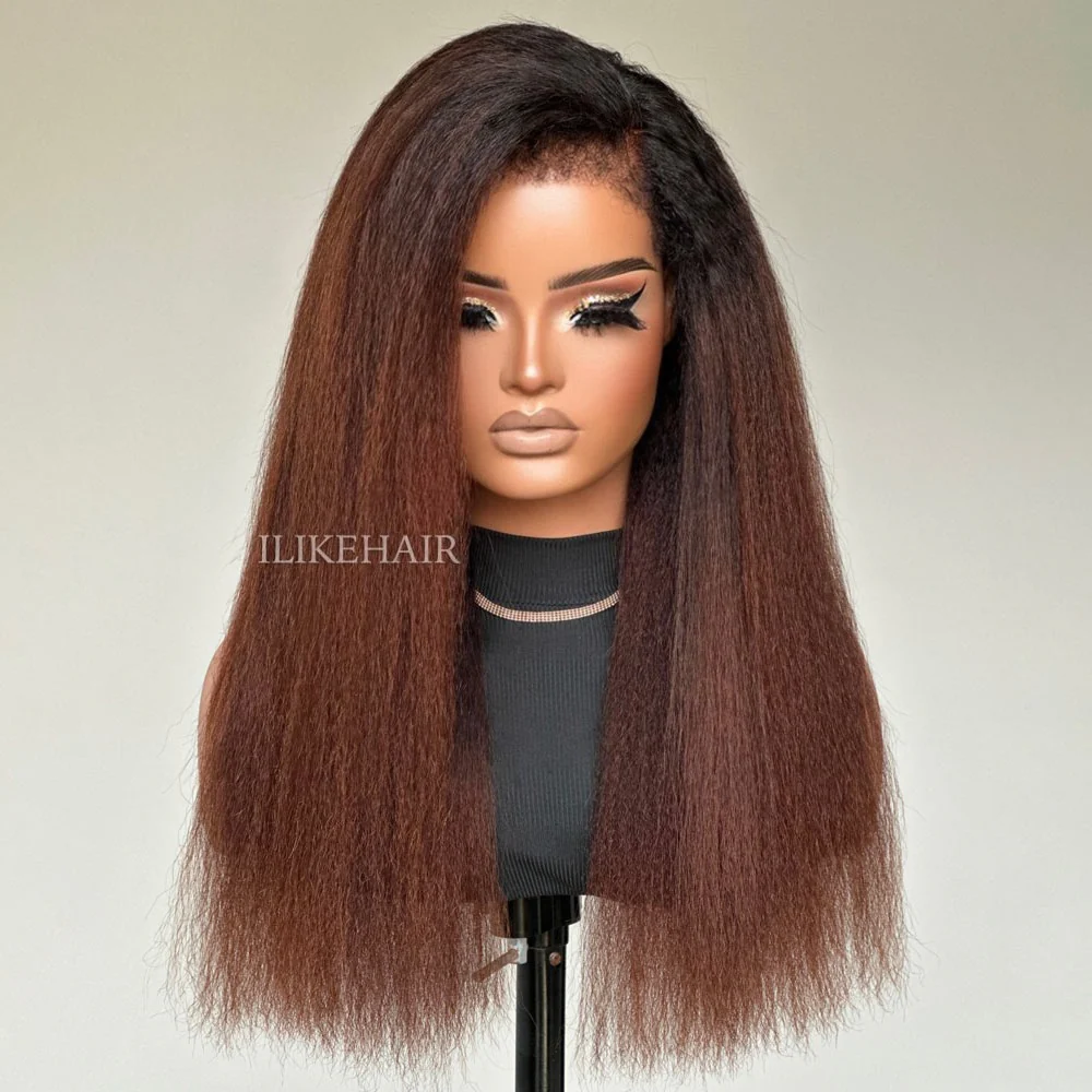 Ombre Brown Kinky Straight 9x4 HD Lace Glueless With 3C Hybrid Hairline Wig