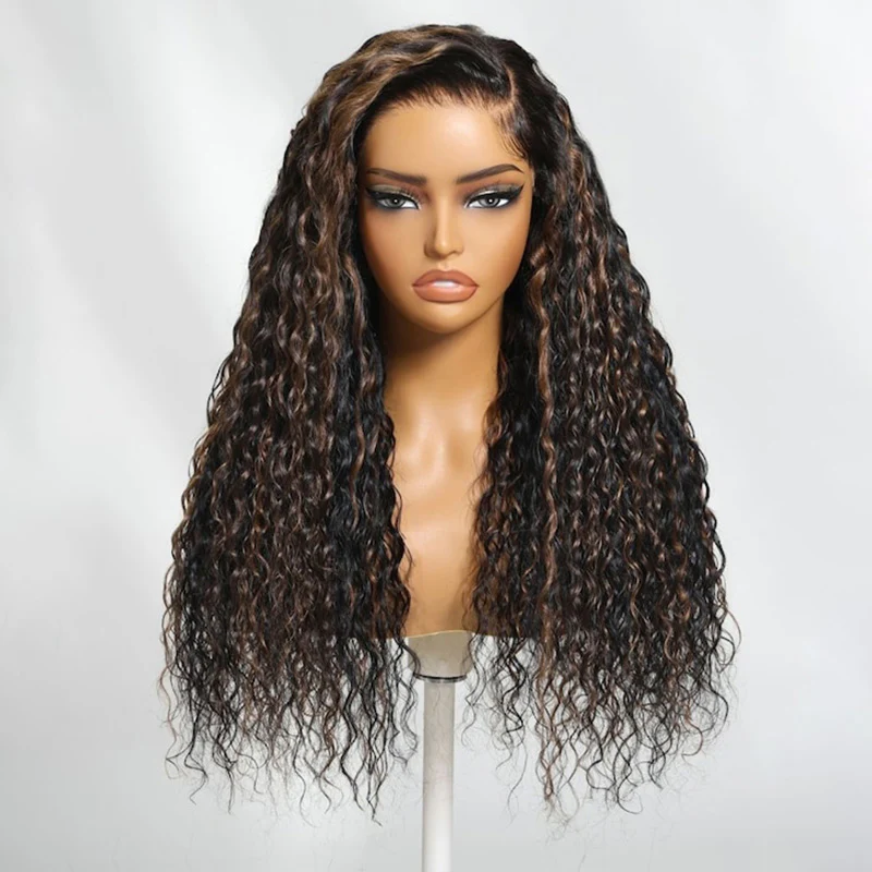 Glueless Golden Brown Highlight Wig Water Wave Curly Lace Closure Wig