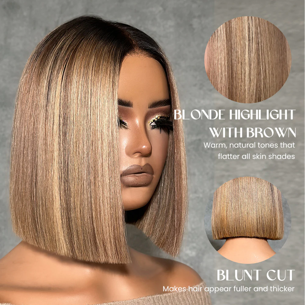 Ash Blonde Highlights Adjustable Cap Virgin Hair Bob HD Lace Wig