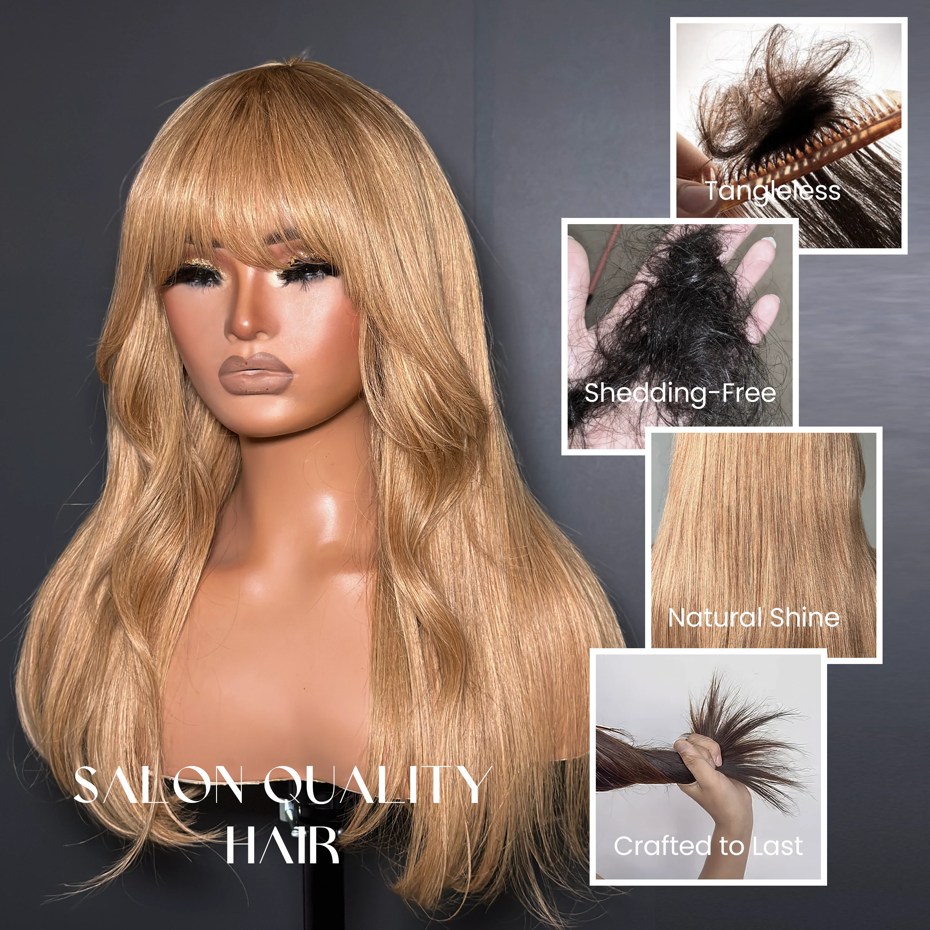 Effortless Chic Naturally Layers Wigs: Honey Brown Hair Wig  Put On & Go with Bangs
