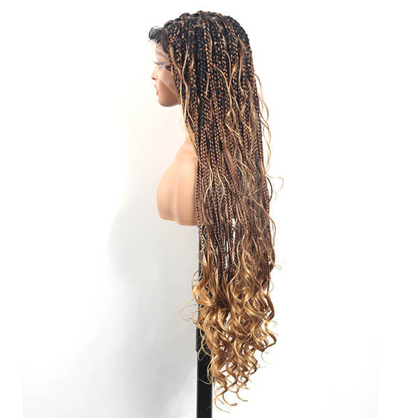 Boho Knotless Braided with Ombre Brown & Honey Blonde French Curls Invisi Drawstring Wig