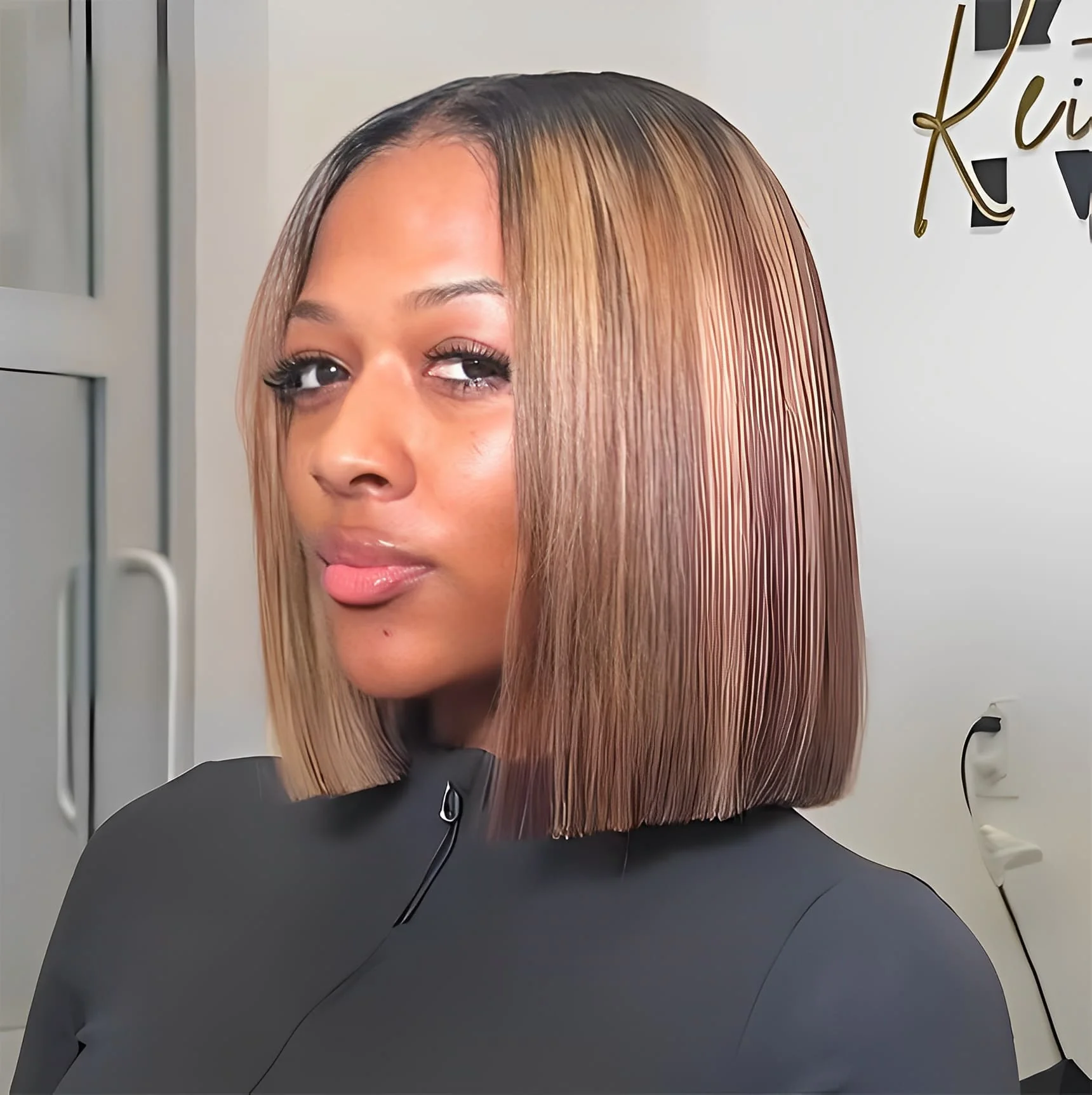 Ombre Blonde Highlight with Brown Blunt Cut Bob Lace Wig
