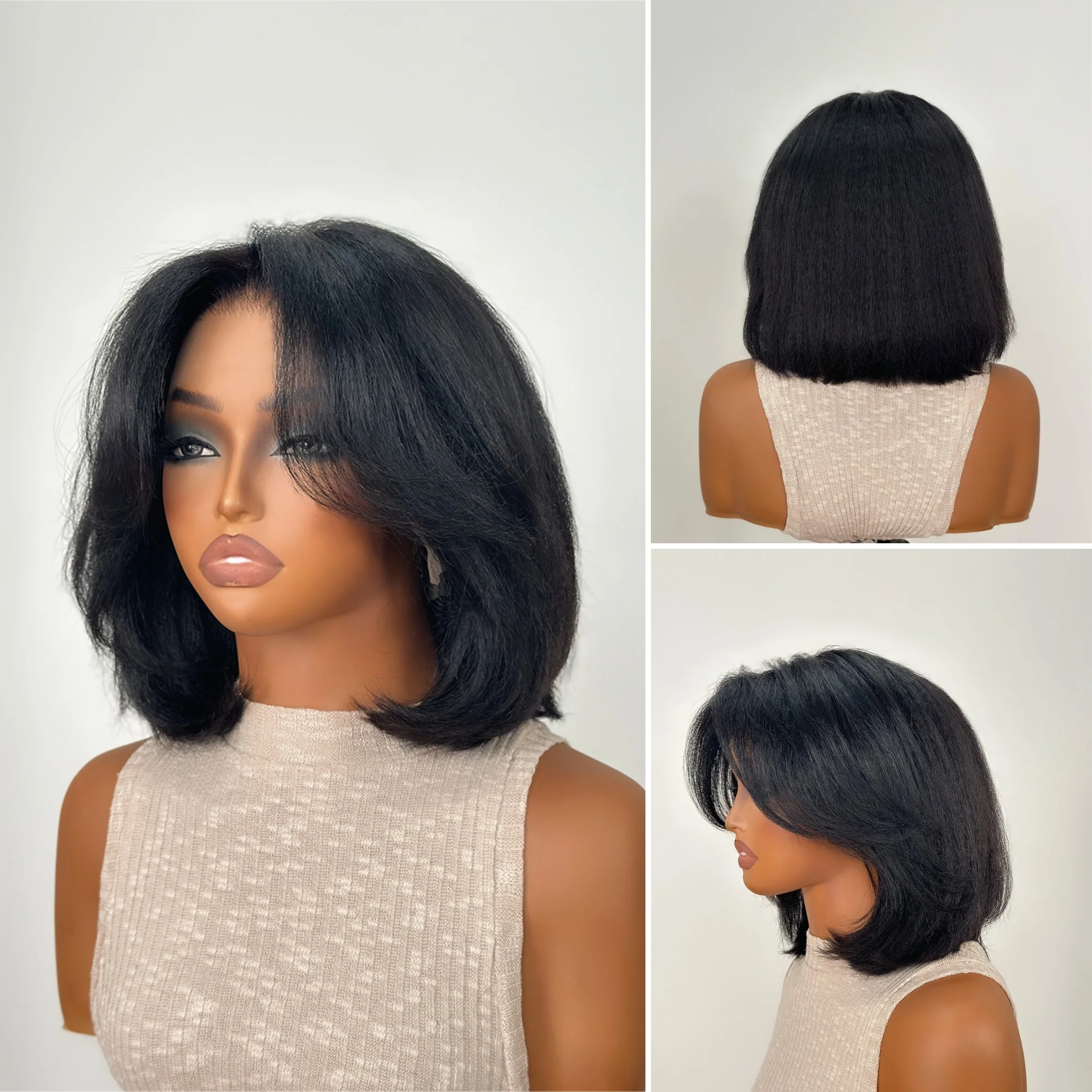 Natural Kinky Straight Layered Blowout Bob Lace Wig