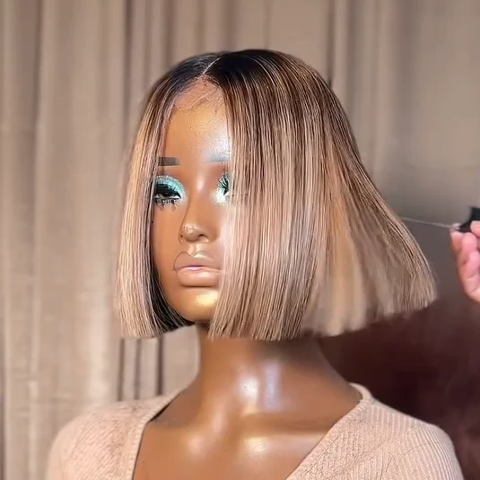613 Ombre Blonde Highlight with Brown Blunt Cut Bob Wig