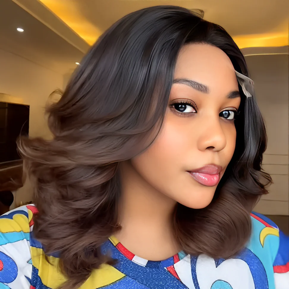 Bottom Brown Layered Cut Wavy Blowout Lace Closure Wig