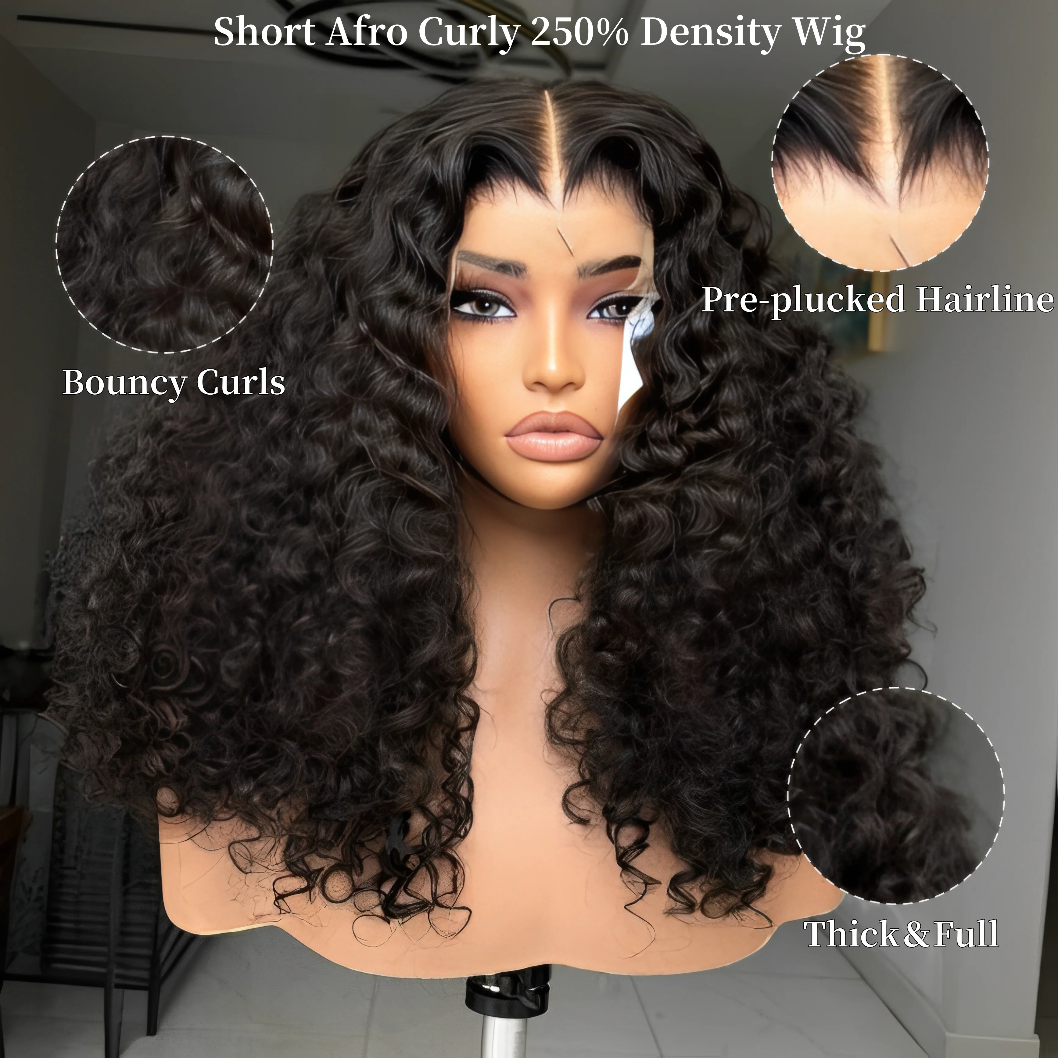 Natural Black Curly 250% density Human Hair Lace Closure Wigs
