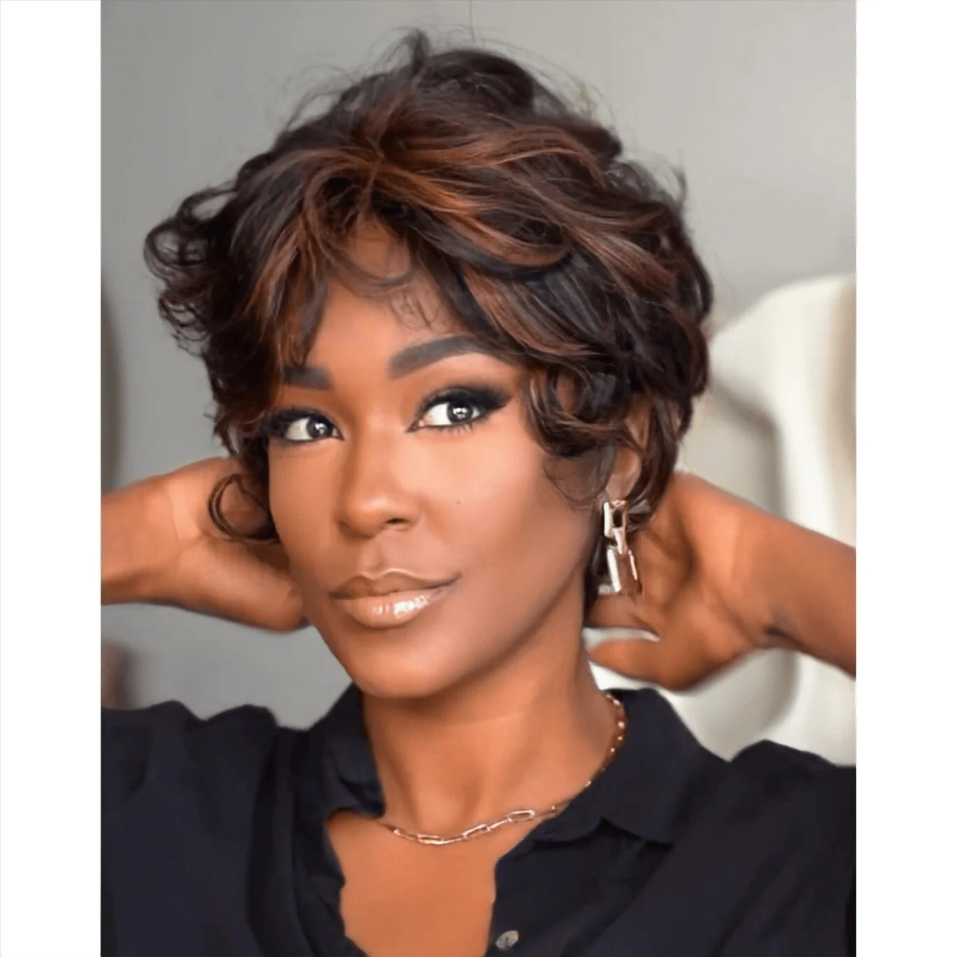 Glueless Brown Highlight Layered Pixie Cut Wig With Bangs