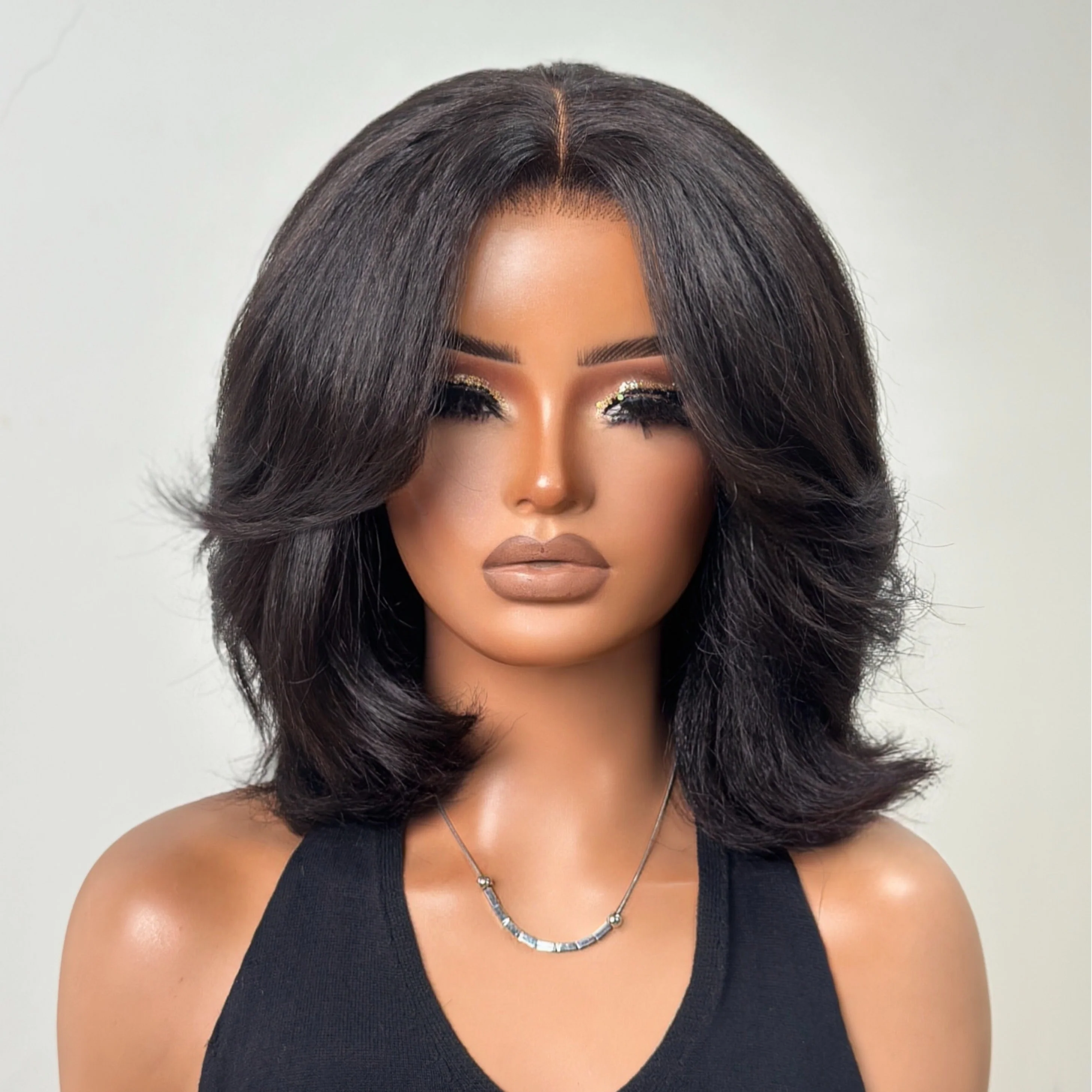 Natural Kinky Straight Layered Blowout Bob Wig