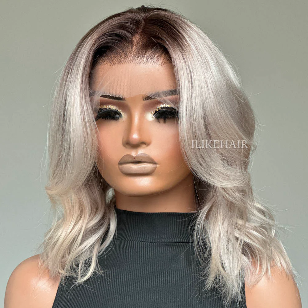 Ash Blonde With Dark Root Short Wavy Lace Wig