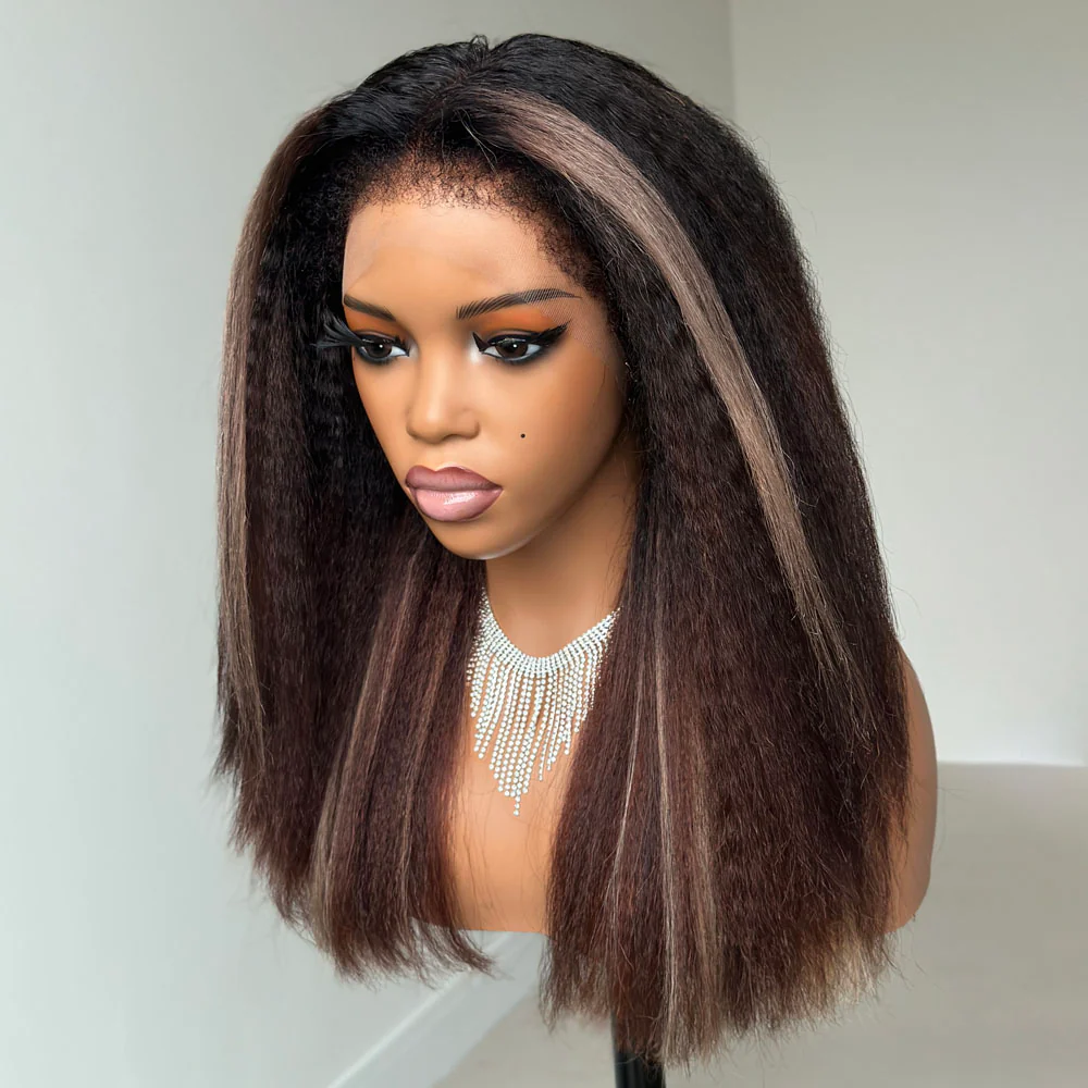 Blonde Highlight Kinky Straight With 4C Kinky Edges 13x4 HD Lace Front Wig