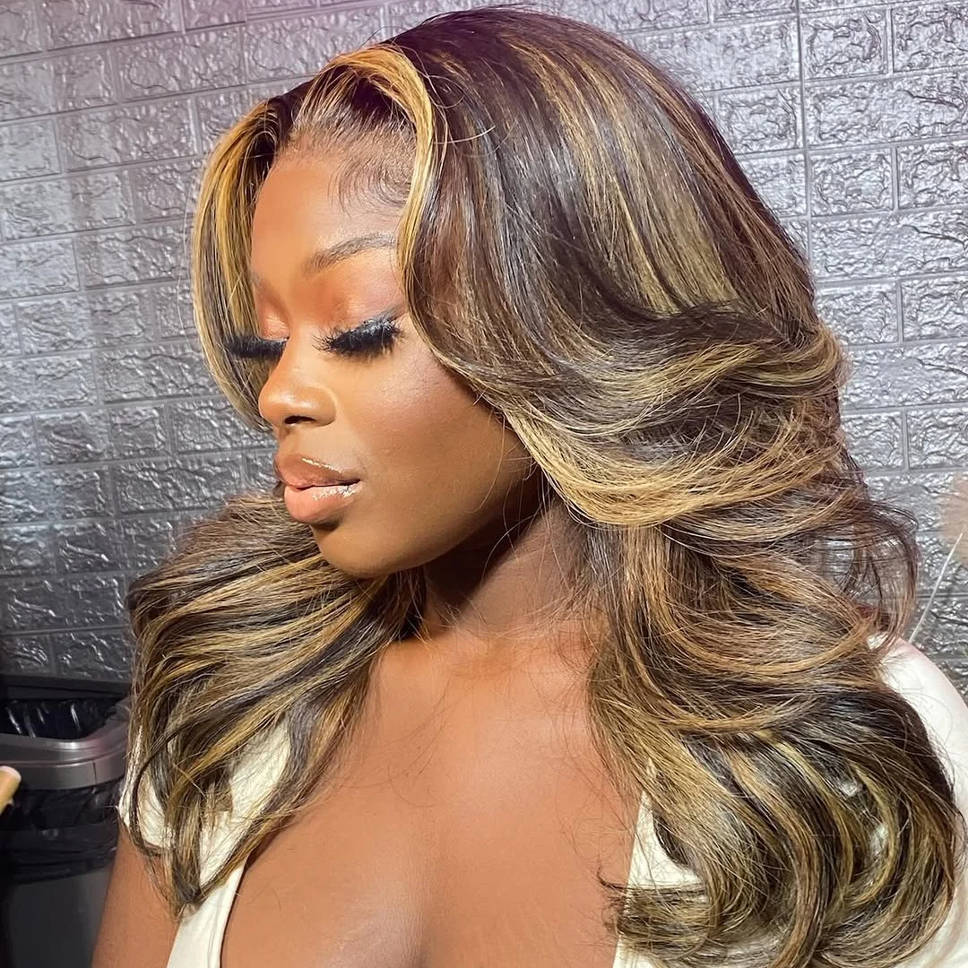 Blonde Mix Brown Highlight Wave Layered Cut Lace Front Wig