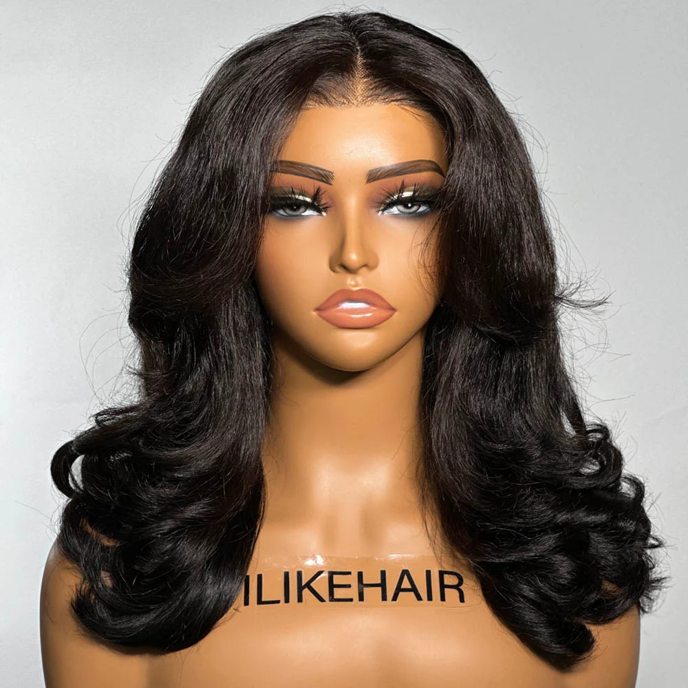 Put on & Go Inspired Layered Curtain Bangs Wavy Lace Closure Wig