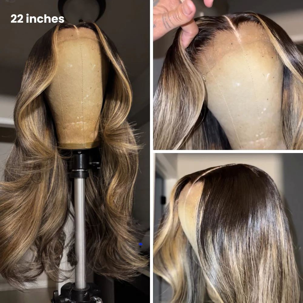 Ombre Highlight Blonde Layered Wavy Middle Part Lace Front Wig