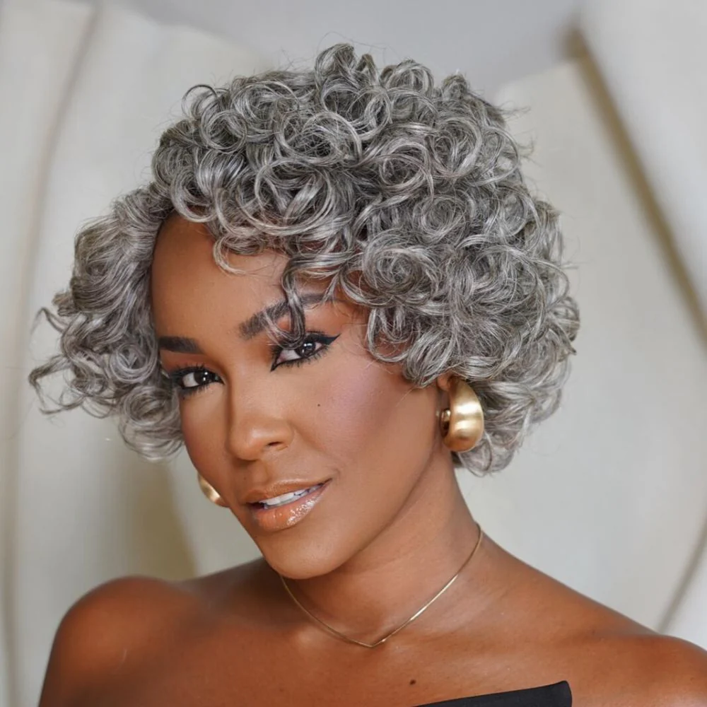 Glueless Ash Grey Rose Curly Bob Human Hair Wig