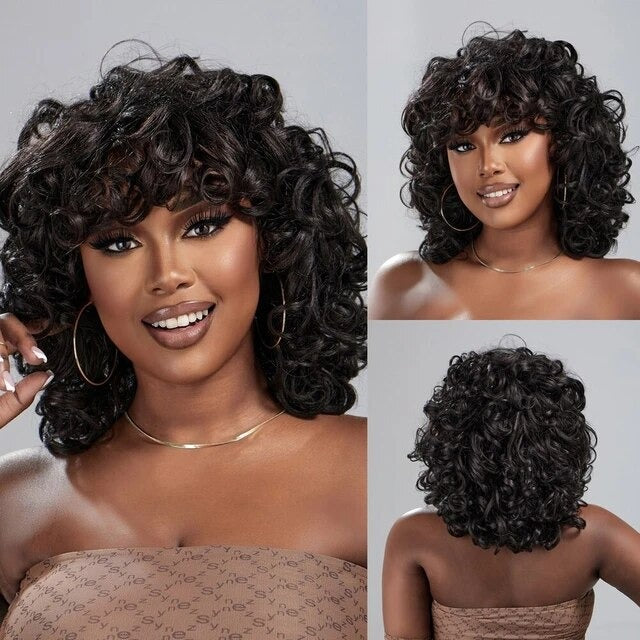 Short Loose Bouncy Curly Human Hair With Bangs Glueless Wig