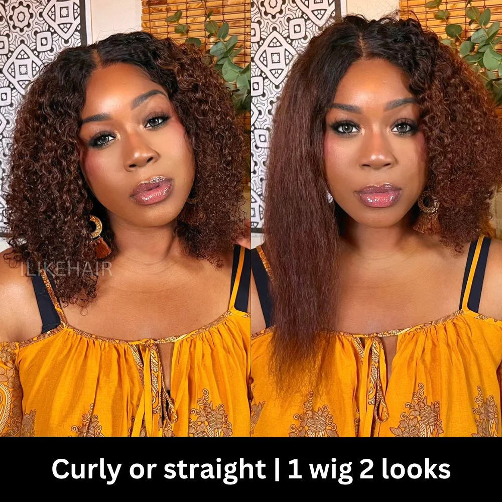Put on & Go Fluffy Ombre Brown Jerry Curly 5x5 Lace Closure Wig