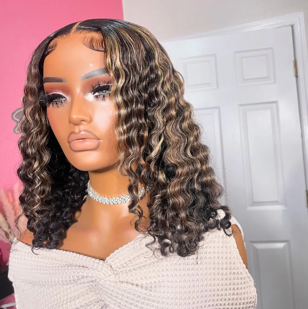 Ombre Blonde Highlight With Dark Brown Lace Closure Curly Wig