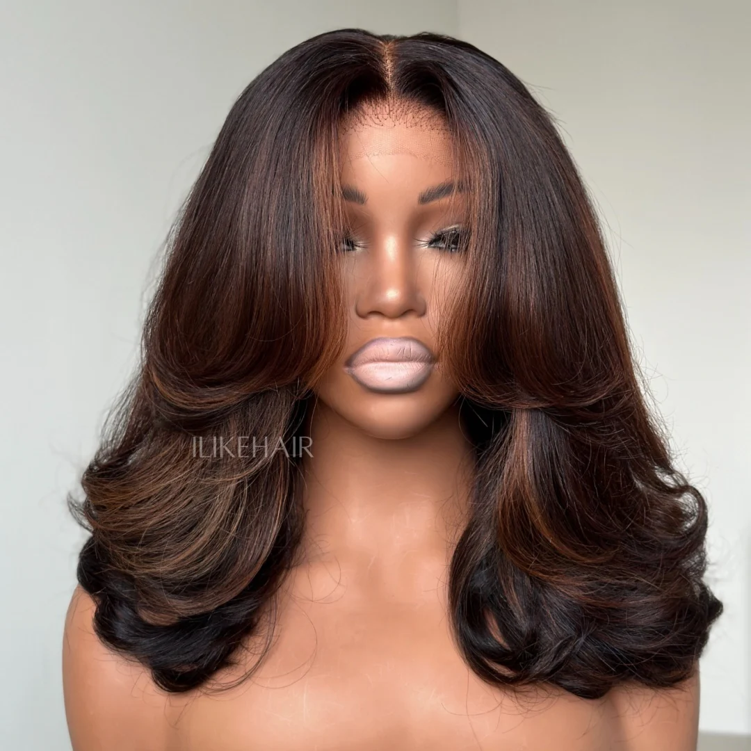Face-Framing Highlight Brown Layered Cut Wavy Lace Closure Wig