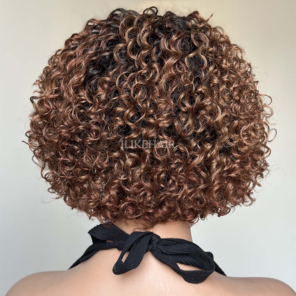 Short Ombre Chestnut Brown Curly Bob Wig With Bangs Beginner Friendly