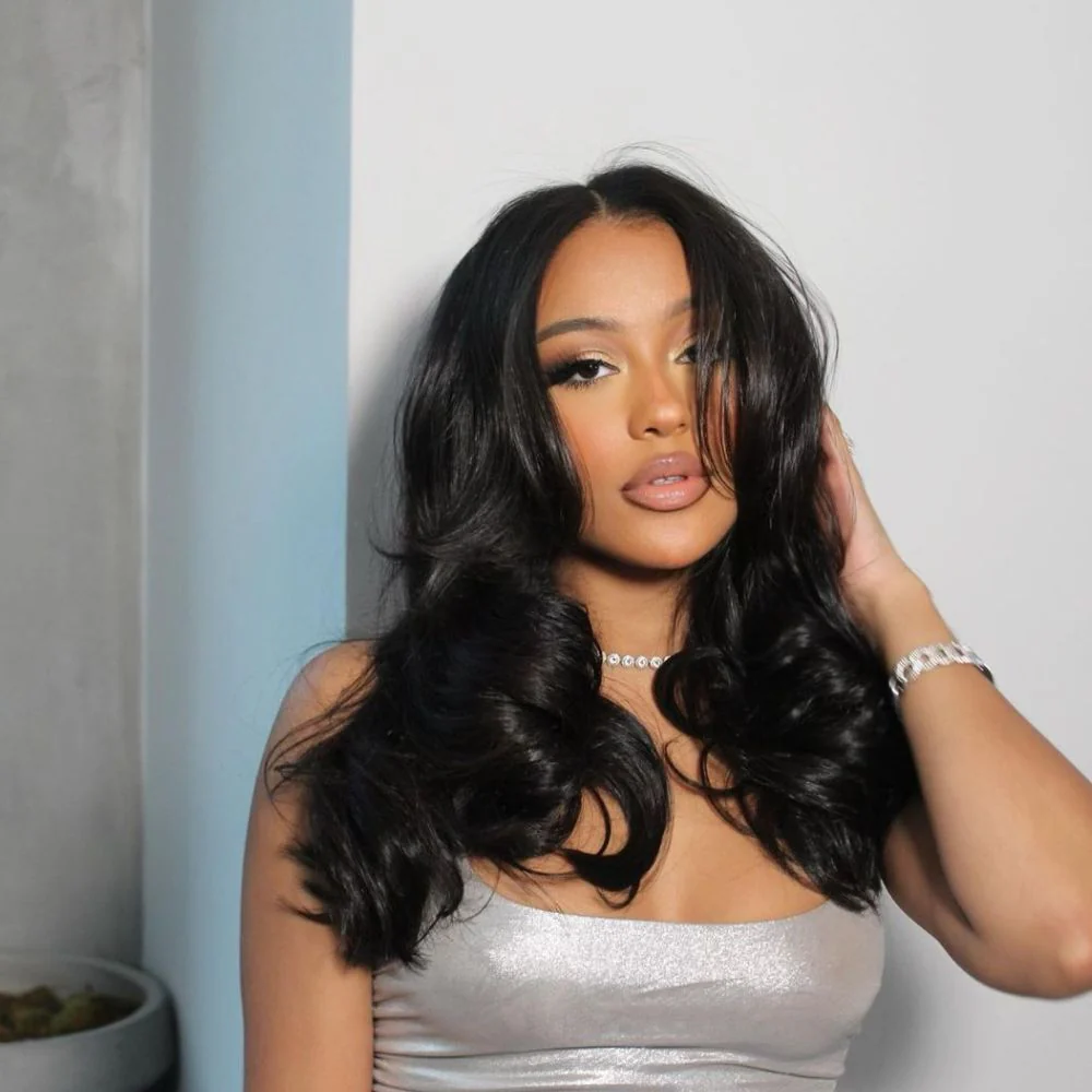 Layered Cut Wavy Human Hair Lace Front Wig With Butterfly Bangs