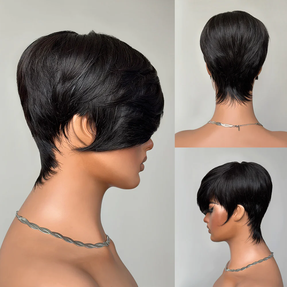 Long Layered Side Bangs Pixie Cut Human Hair Wig