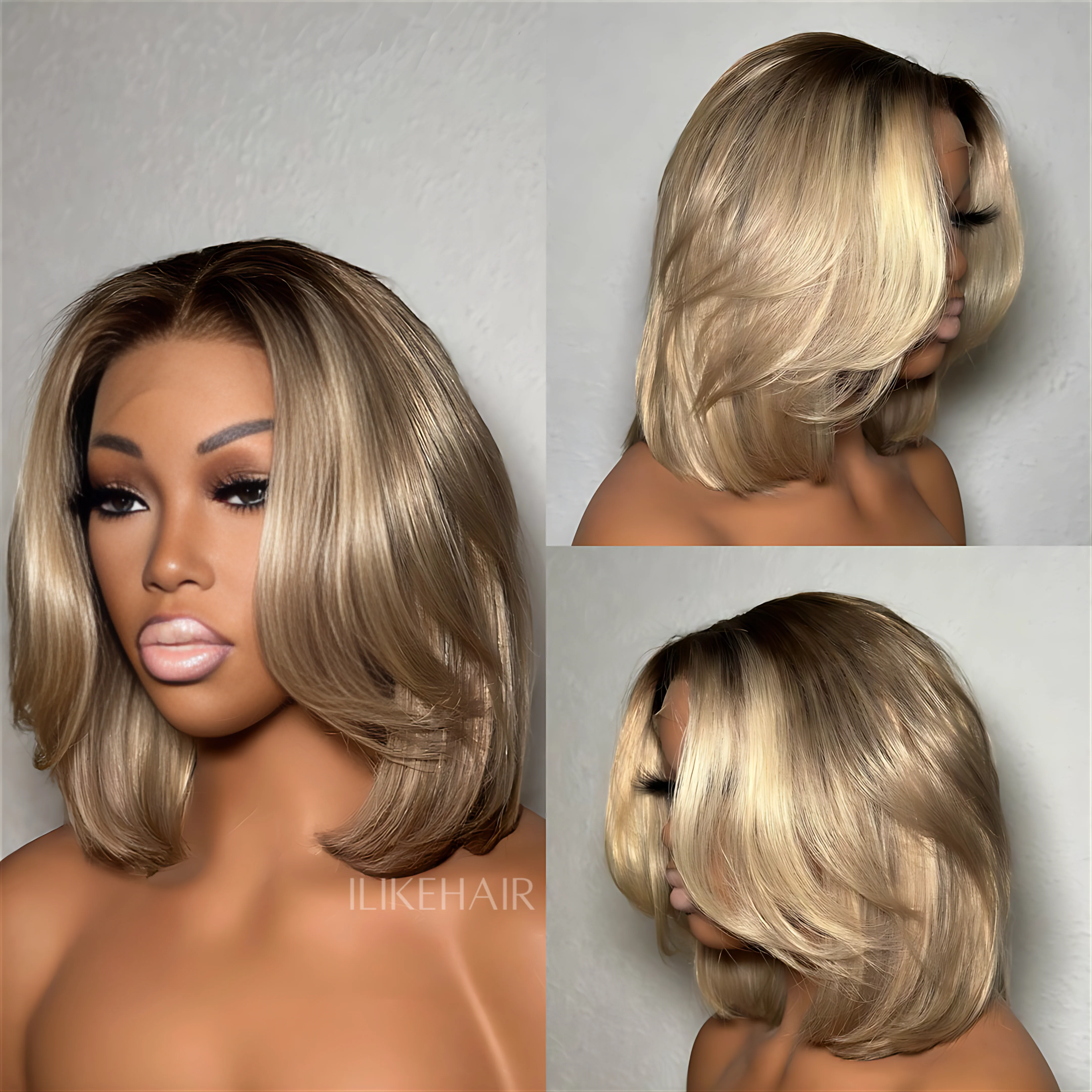 Ombre Ash Blonde Layered Cut Blowout Bob 13��4 Lace Frontal Wig