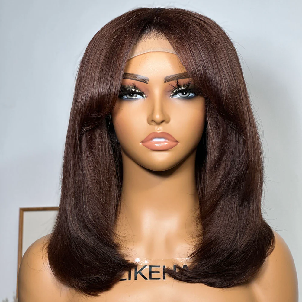 Chocolate Brown Layered Cut With Curtain Bangs Lace Closure Wig