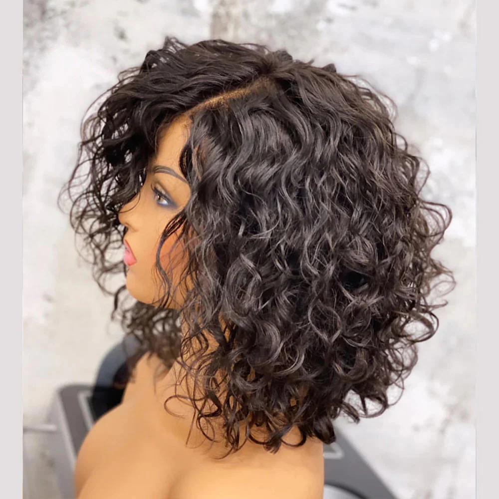 Short Curly Natural Black Human Hair Bob Frontal Lace Wig