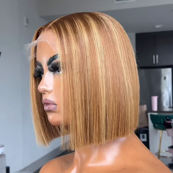 613 Ombre Blonde Highlight with Brown Blunt Cut Bob Human Hair Wig