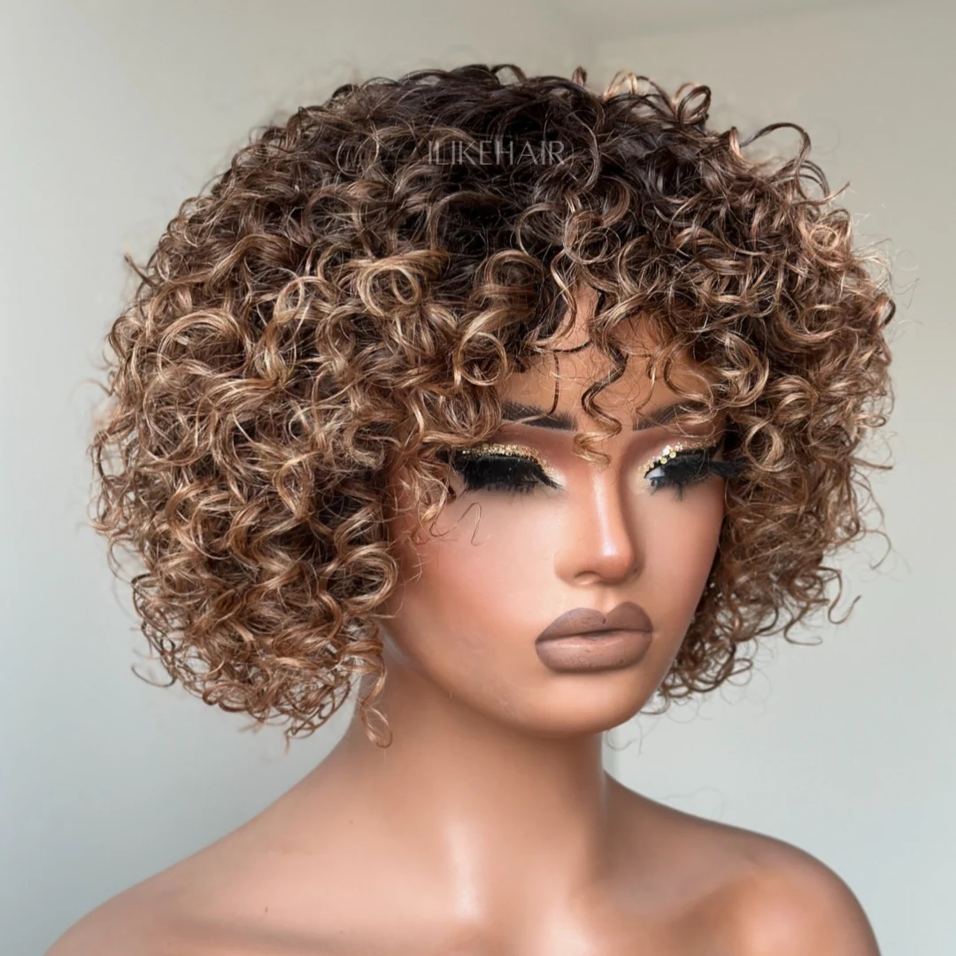 Put On & Go Short Ombre Honey Blonde Curly Wig With Bangs