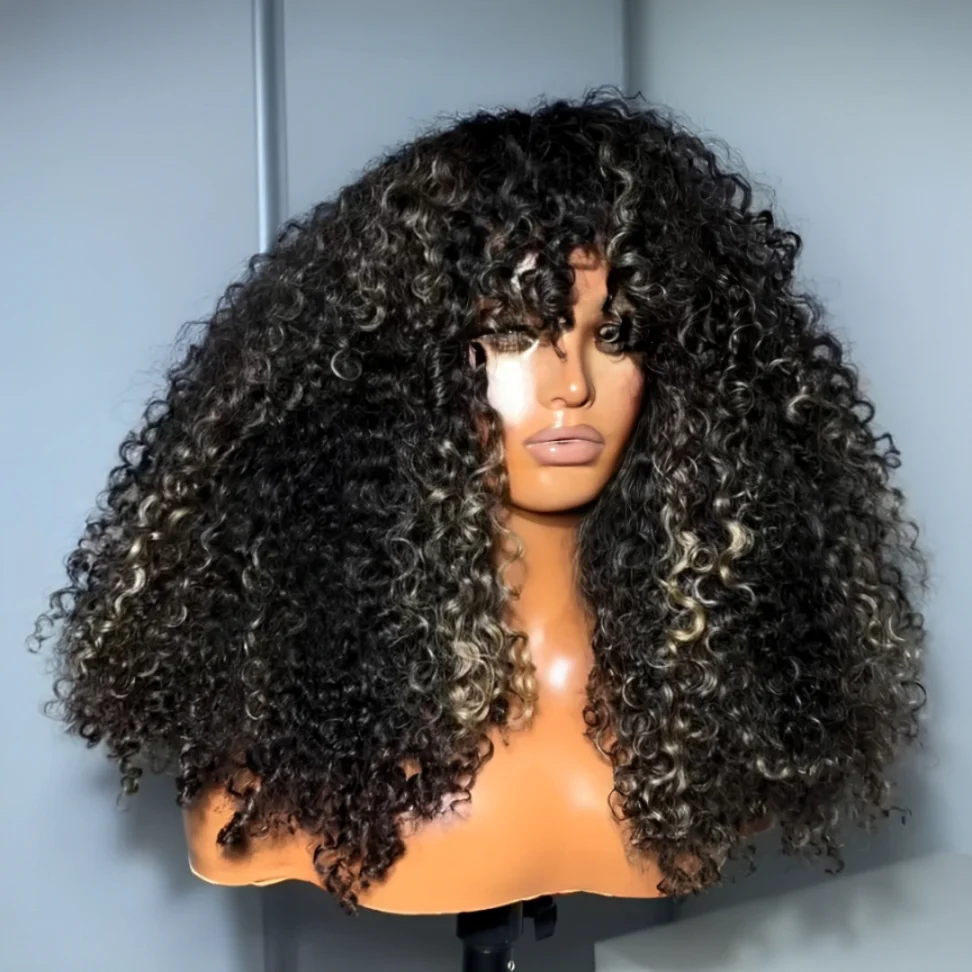 Blonde Highlight Glueless Curly Human Hair Wigs With Bangs