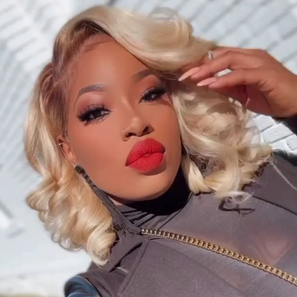 Ombre 613 Blonde Layered Cut Bob With Brown Root 13x4 Lace Front Wig