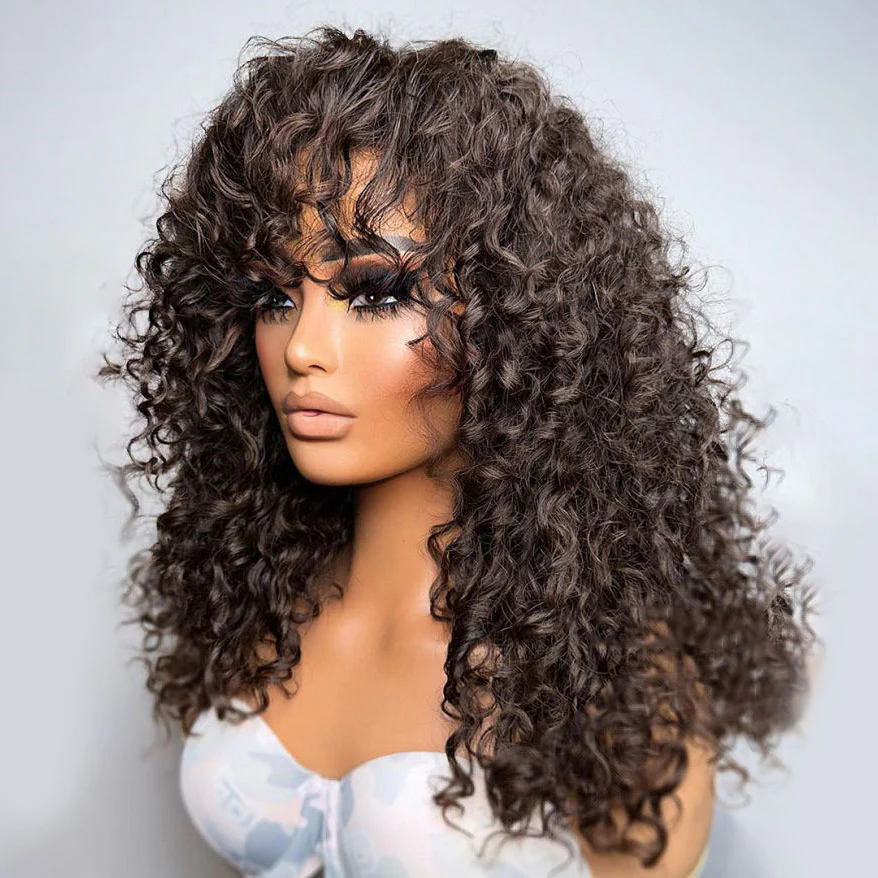 Short Loose Bouncy Curly Human Hair With Bangs Glueless Wig