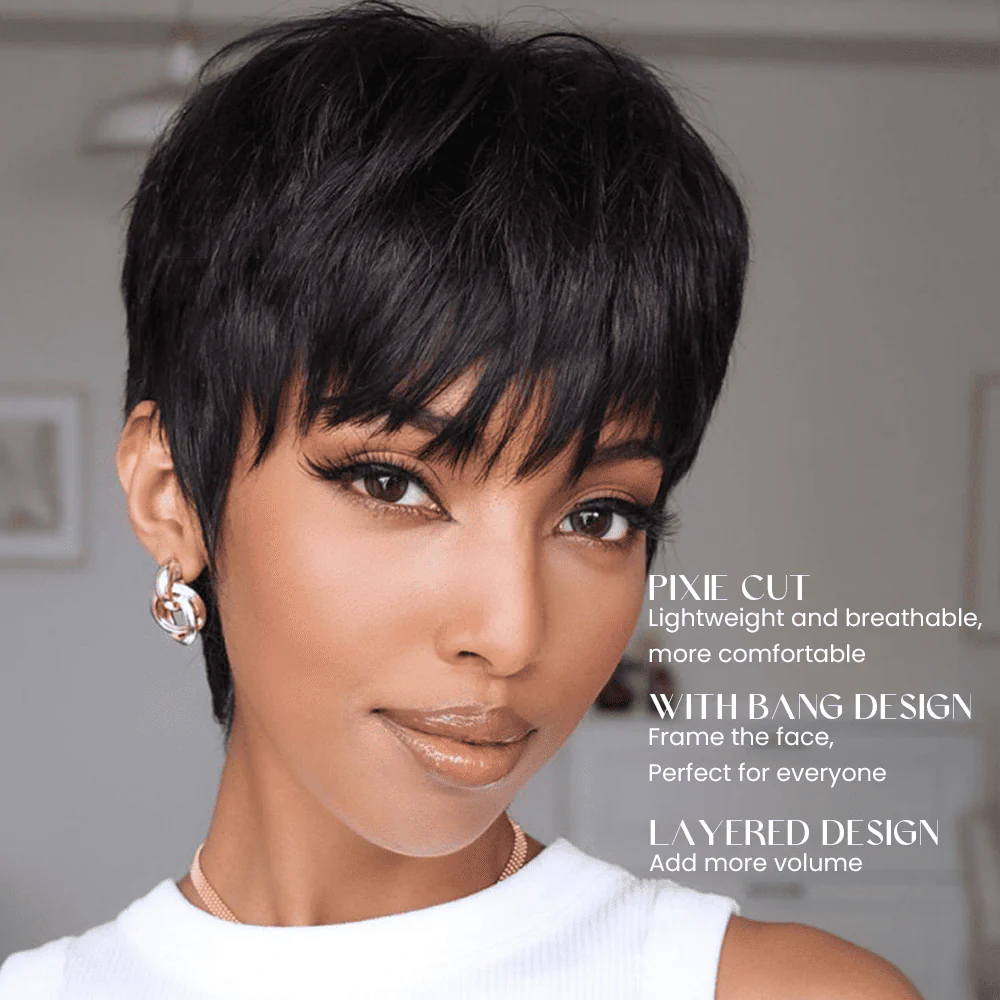 Put on & Go Layered Short Pixie Cut Human Hair Wig With Bang