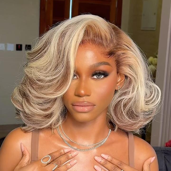 Ombre 613 Blonde Wave Bob With Dark Root Balayage 13x4 Lace Front Wig