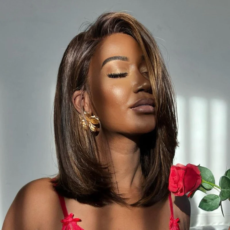 Designer Layered Short Bob Brown Hair with Blonde Highlights Lace Front Wig