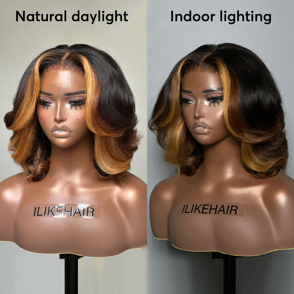 Honey Blonde Highlights Layered Cut Bob Lace Wig