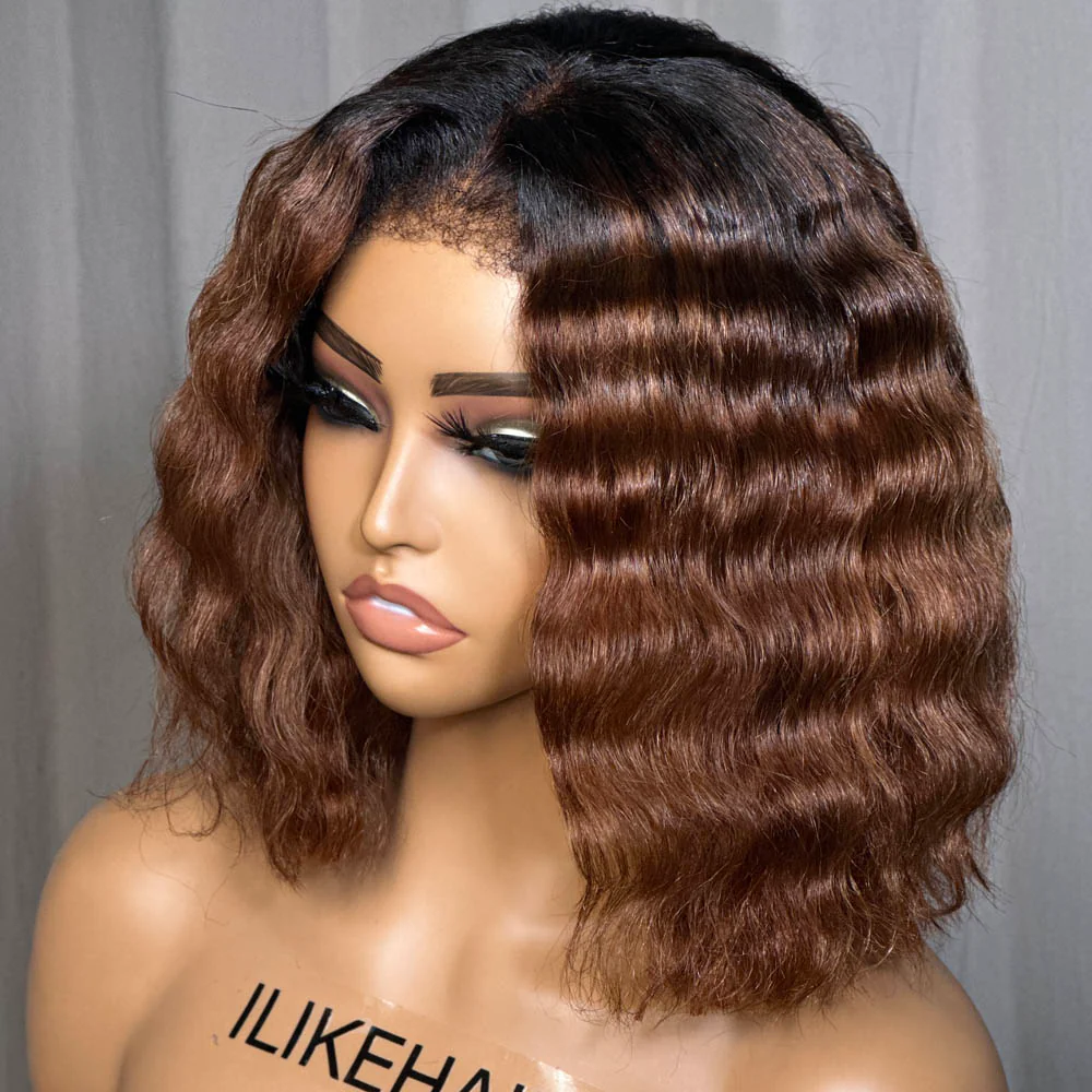 Put On & Go Ombre Brown Wavy Pre Cut 5x5 HD Lace Bob With Kinky Edges Wig