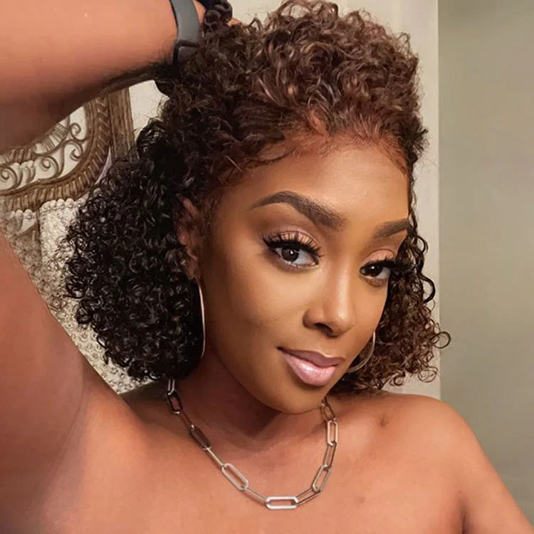 Highlight Chocolate Brown Bob Curly 13x4 Frontal Lace Wig