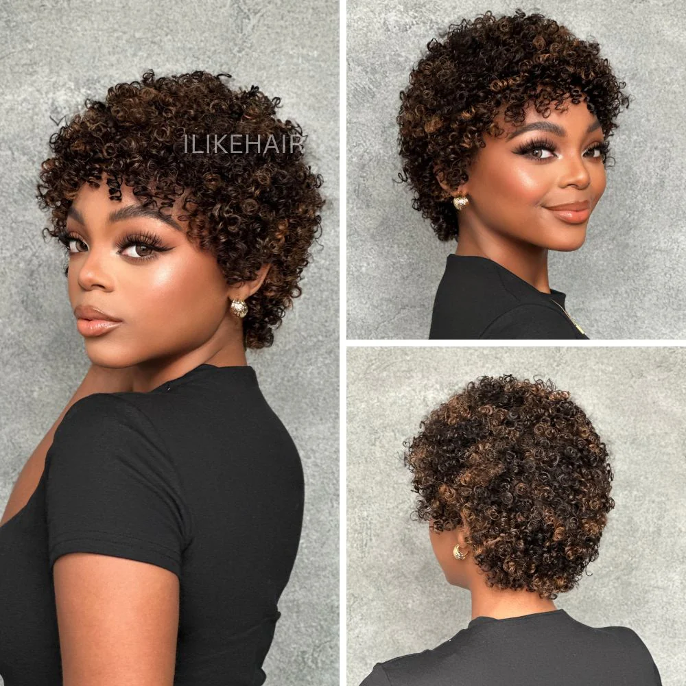 Put on & Go Highlight P2/27 Short Afro Curly Wig With Bangs